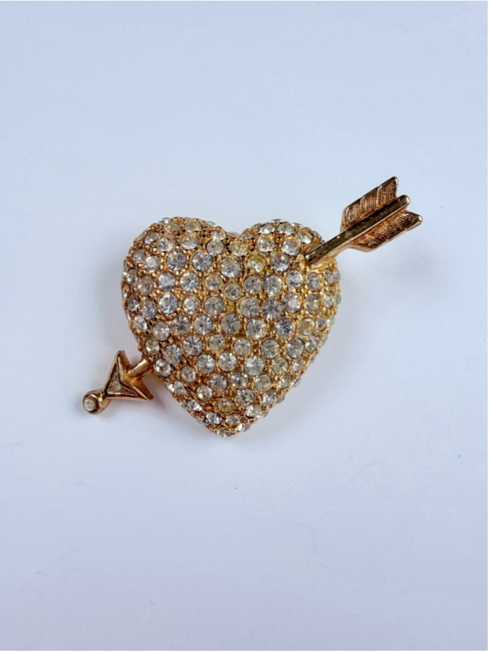 Swarovski Crystal Pave Gold Tone Heart & Arrow Cupid Vintage Signed Brooch 1.8"